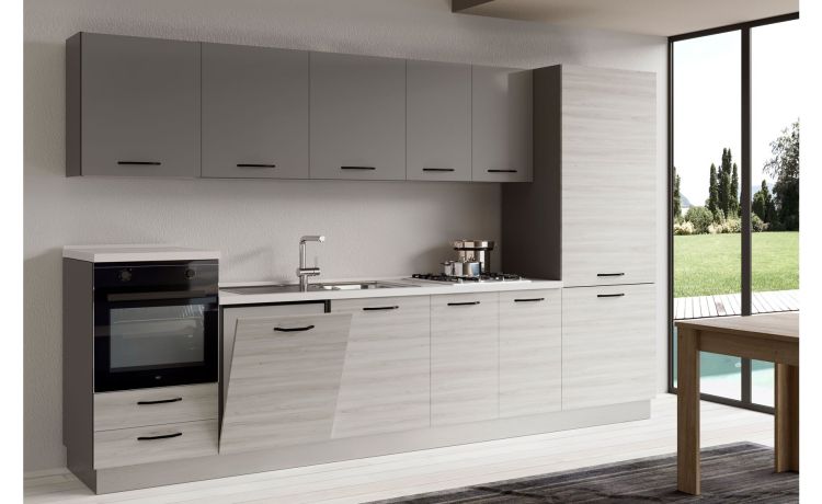 Gilda cucina 345 cm colore frassino ghiaccio e light grey-4 elettrodomestici, frigo da 400 lt-Legno bianco-Pannello