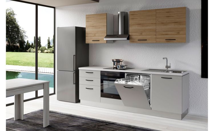 Gilda 2.0 cucina 300 cm colore light grey e rovere cadiz -4 elettrodomestici, Piano Cottura a INDUZIONE-Grigio chiaro-Pannello