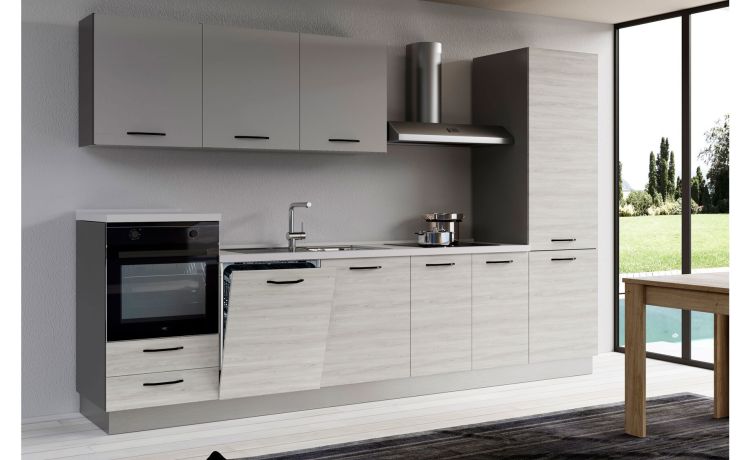 Gilda 2.0 cucina 330 cm colore frassino ghiaccio e light grey-4 elettrodomestici, Piano Cottura a INDUZIONE-Grigio chiaro-Pannello melaminico