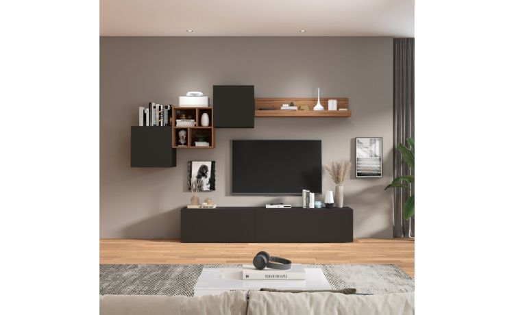 Vasto parete soggiorno colore antracite e rovere L260 cm-Composizione 10-Antracite-Nobilitato-220 cmx260 cm