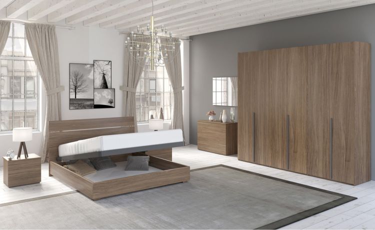 Mia camera matrimoniale noce biondo, letto con contenitore-Armadio 6 ante-Legno scuro-Nobilitato