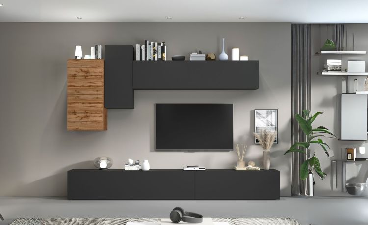 Vasto parete soggiorno colore antracite e rovere L300 cm-Composizione 1-Antracite-Nobilitato-220 cmx300 cm