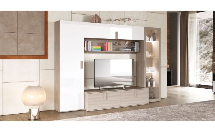 Lisbona parete soggiorno colore olmo e bianco lucido-Larghezza 300