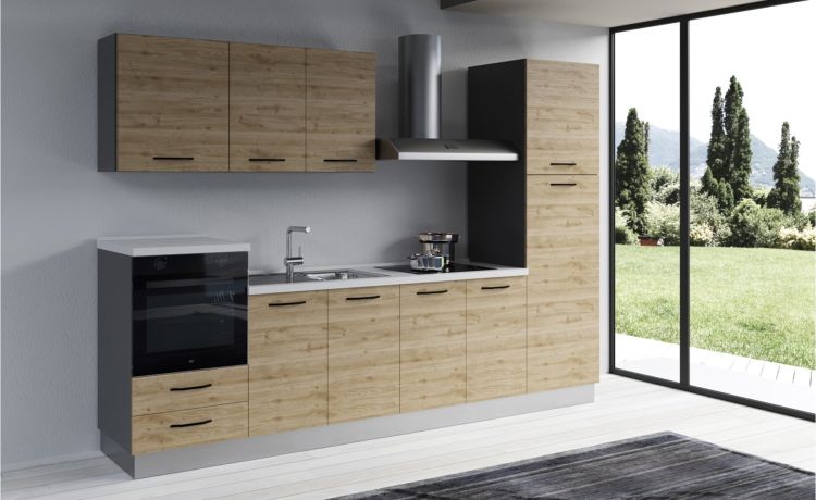 Gilda 2.0 cucina 300 cm colore rovere cadiz -3 elettrodomestici, Piano Cottura a INDUZIONE--Pannello-216 cmx300 cm