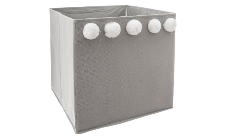 Pompon box portaoggetti tessuto grigio 29x29 cm- -Grigio-Poliestere-29 cmx29 cm