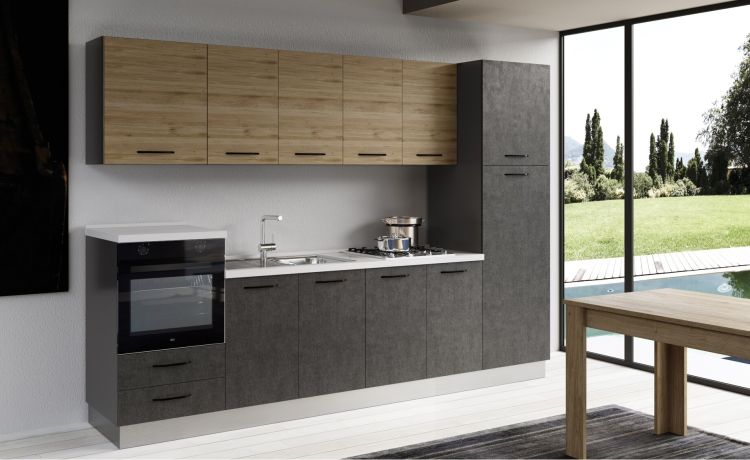 Gilda cucina 300 cm colore cemento scuro e rovere cadiz -3 elettrodomestici, frigo da 230 lt-Legno naturale-Pannello