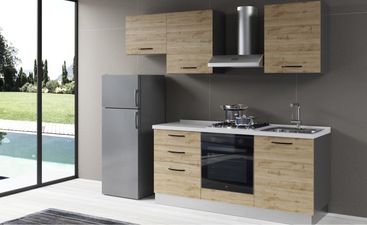 Gilda 2.0 cucina 240 cm colore rovere cadiz -3 elettrodomestici, Piano Cottura a INDUZIONE, frigo da 230 lt--Pannello-216 cmx240 cm