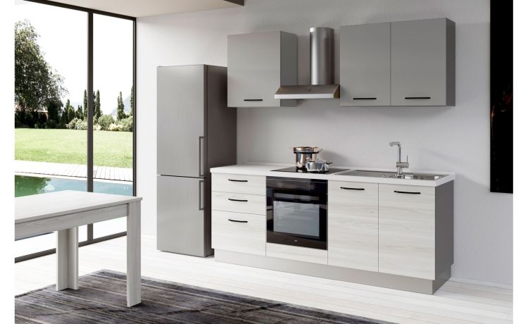 Gilda 2.0 cucina 270 cm colore frassino ghiaccio e light grey -3 elettrodomestici, Piano Cottura a INDUZIONE-Legno bianco-Pannello