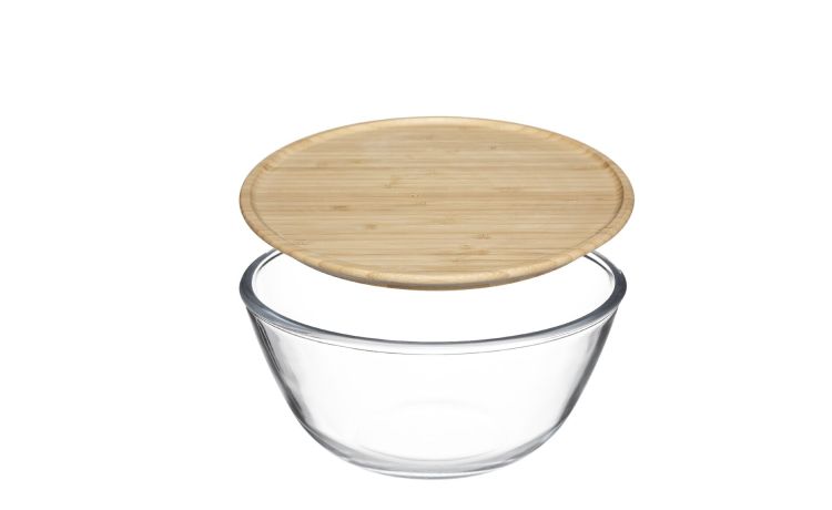 Contenitore in vetro con tappo in bamboo Ø23 cm- -Beige-Vetro