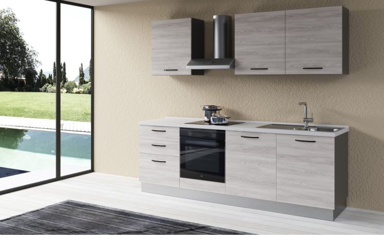 Gilda 2.0 cucina 240 cm colore frassino ghiaccio -2 elettrodomestici, Piano Cottura a INDUZIONE--Pannello-216 cmx240 cm